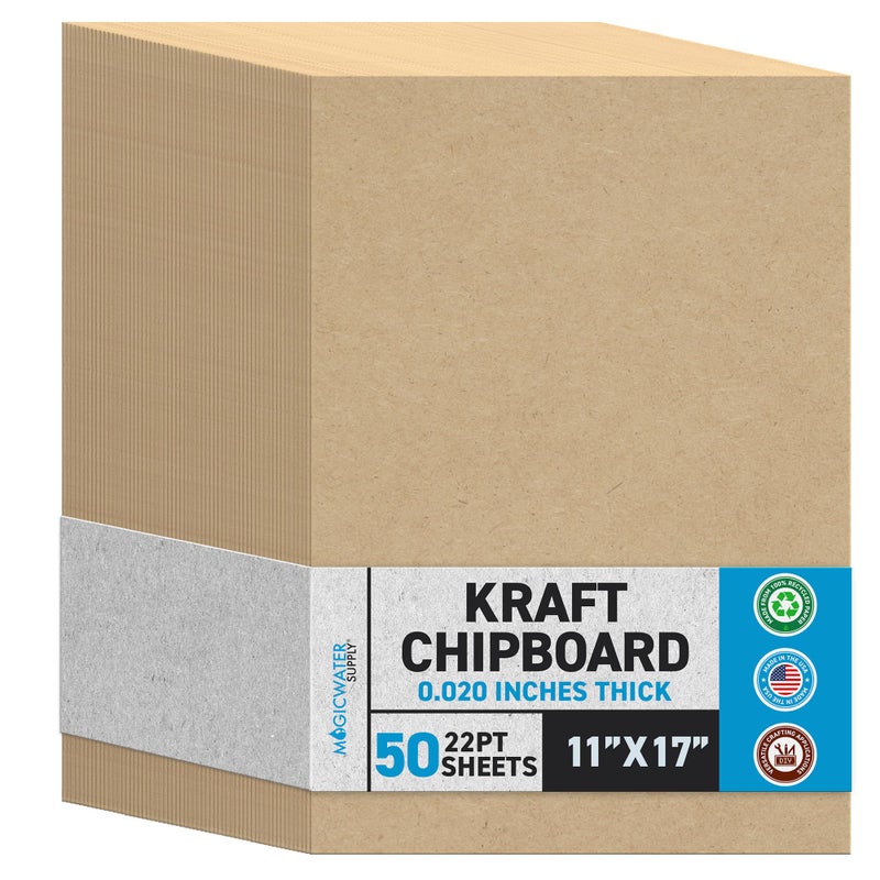 MagicWater Supply MagicWater Chipboard Sheet for DIY Projects - 11x17 Inch - 50 Pack - 22 pt - Heavy Duty Kraft (0.020 Inch Thick) Paperboard, For Scrapbooking, Books, Picture Frame Backing, Arts Project & Crafts - Image 1
